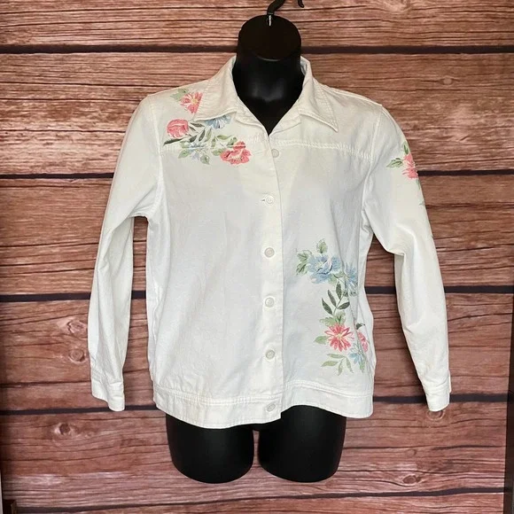 Light Weight Denim Jacket 12 Alfred Dunner White Floral Beaded Cotton Everyday - Picture 1 of 9